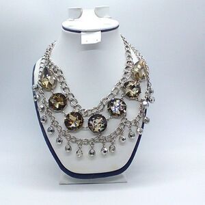 Egyptian Style Crystal Statement Fashion Necklace 18-21" Silver Tone